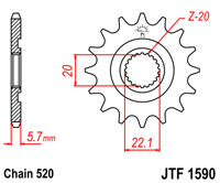 Voortandwiel JT1590 12 tands voor o.a. Yamaha WR250/YZ250
