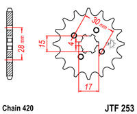 Voortandwiel JT253 17 tands voor o.a. Honda MB/MT/MTX/NSR