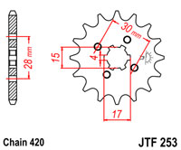 Voortandwiel JT253 14 tands voor o.a. Honda MB/MT/MTX/NSR